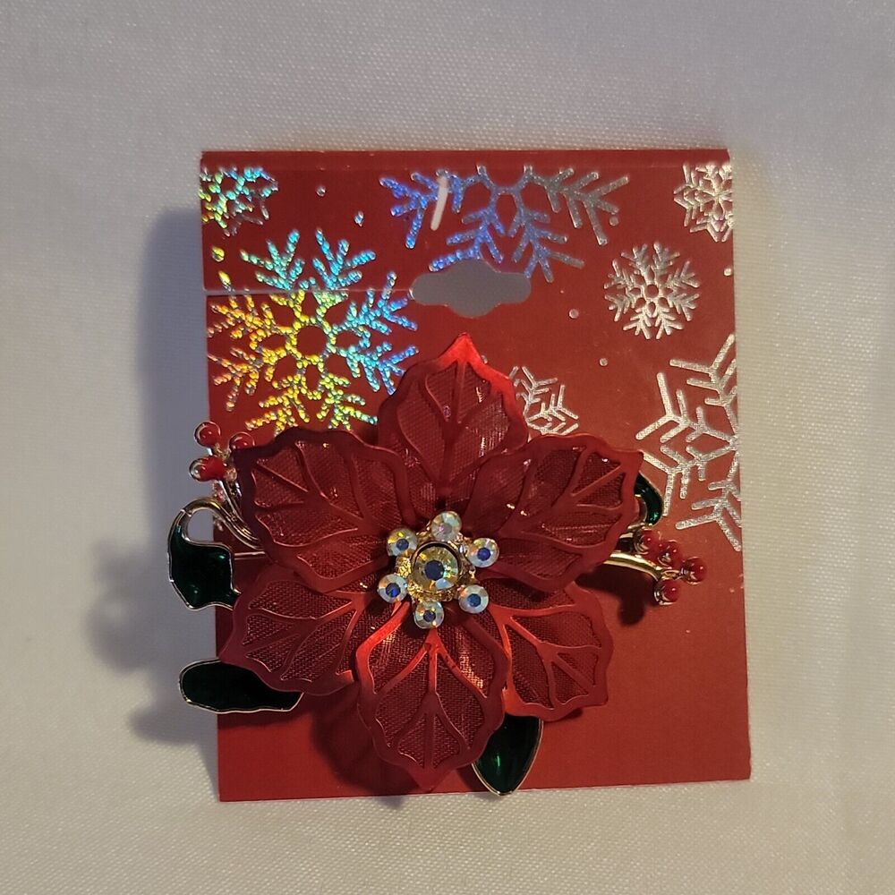 Rhinestone Poinsettia Christmas Brooch Pin 1.25" x 1.25"